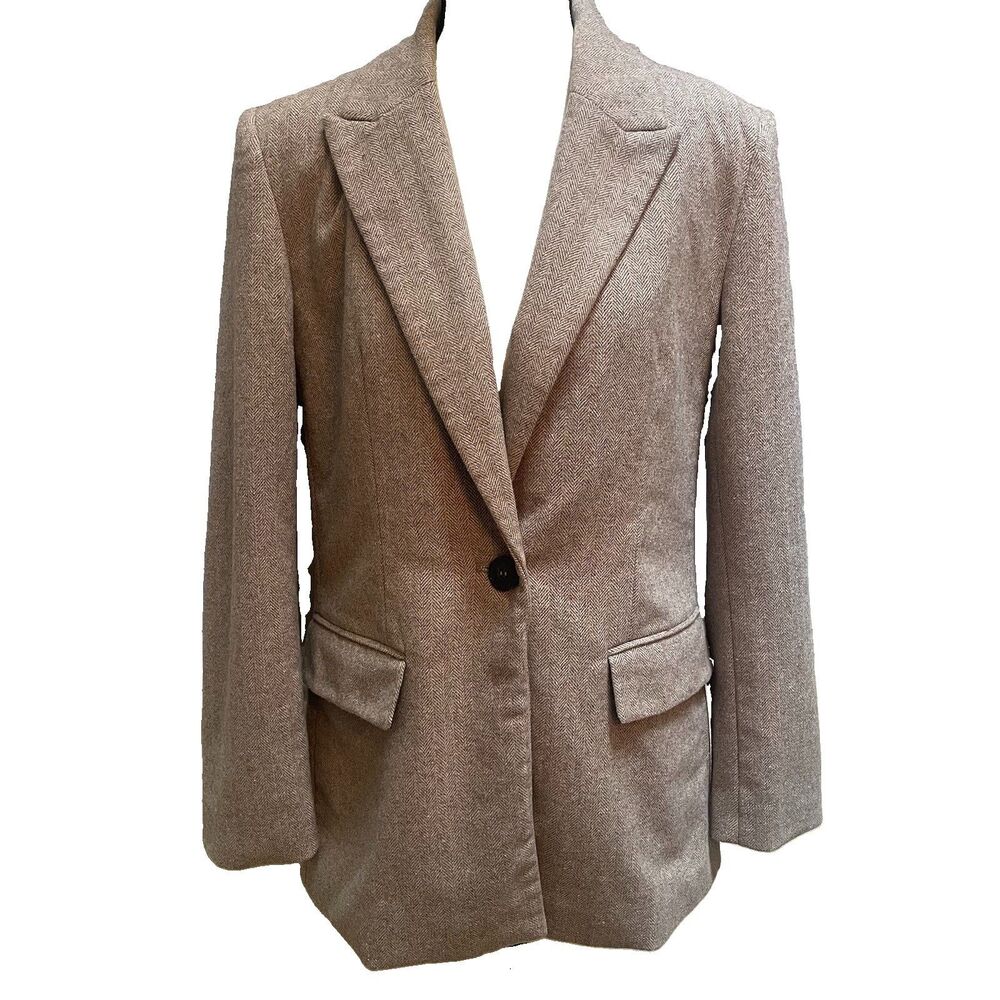 ZARA Women's Beige Tan Brown Herringbone Wool Blazer S Lined Single Button Work